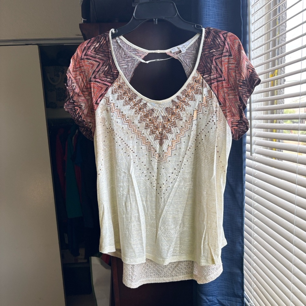 Miss Me Cream Top with Brown and Gold Embellished Yoke